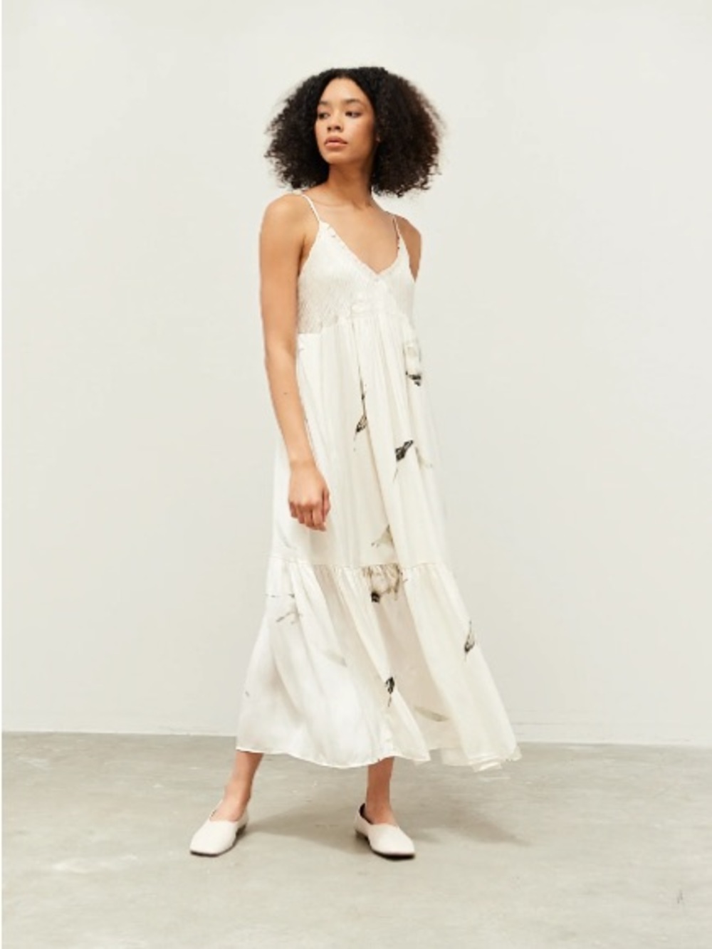 Grade & Gather Wisp Print Satin Smocked Slip Dress | Bone | Size S | Like New